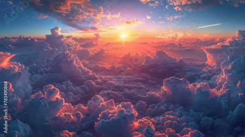 High-altitude view of a sundown, with expansive colorful clouds, capturing the grandeur of the moment.
