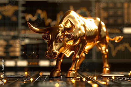Bull stock stock price rising, golden bull sculpture stock market mascot concept illustration