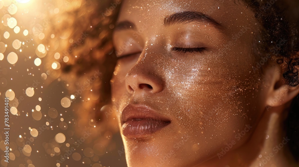 Close-up portrait capturing the sparkle of a refreshing facial mist being applied Close-up portrait capturing the sparkle of a refreshing facial mist being applied