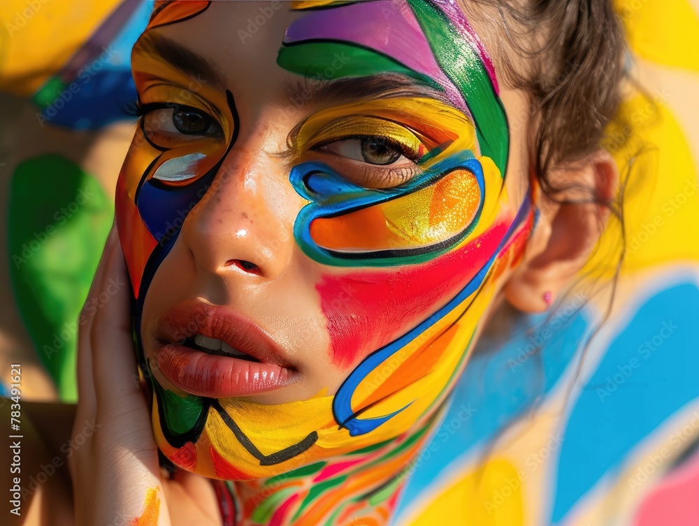 A model with vibrant face paint A model with vibrant face paint