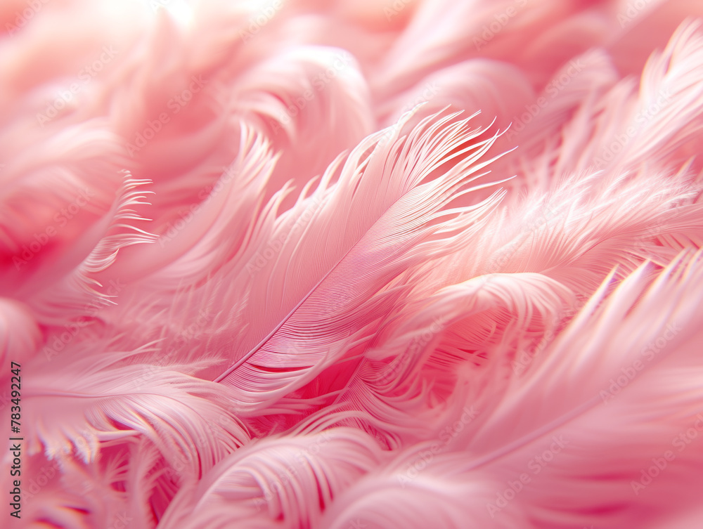 Soft pink feathers in close-up detail on a solid background, conveying a concept of softness and delicacy. Generative AI