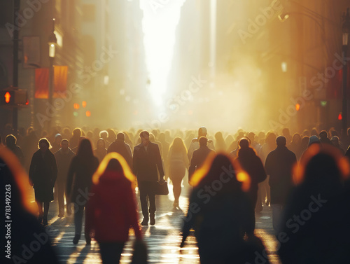 Silhouetted people crossing a street against a sunset, city life concept on an urban background, Generative AI. Generative AI