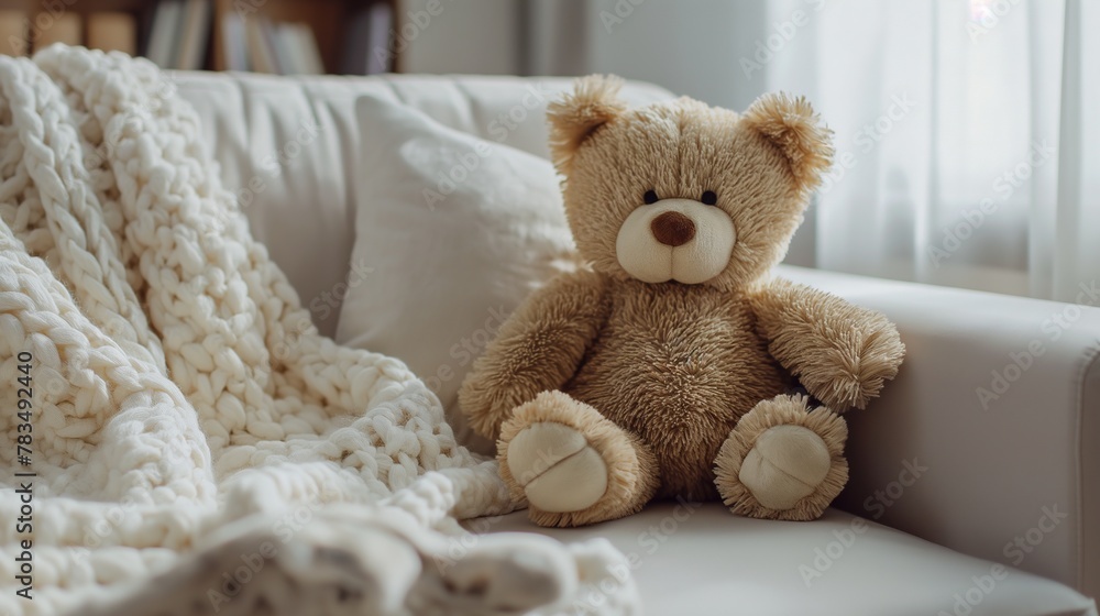 Sweet Serenity Toy Teddy Bear Nestled on White Couch in Baby Kid Room Interior, Capturing Childhood Wonder and Comfort