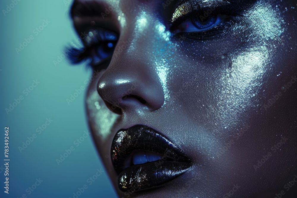 Edgy studio portrait of a model with metallic makeup and a smooth skin finish Edgy studio portrait of a model with metallic makeup and a smooth skin finish