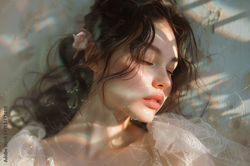 Ethereal look with a models skin glowing against a softly lit Ethereal look with a models skin glowing against a softly lit