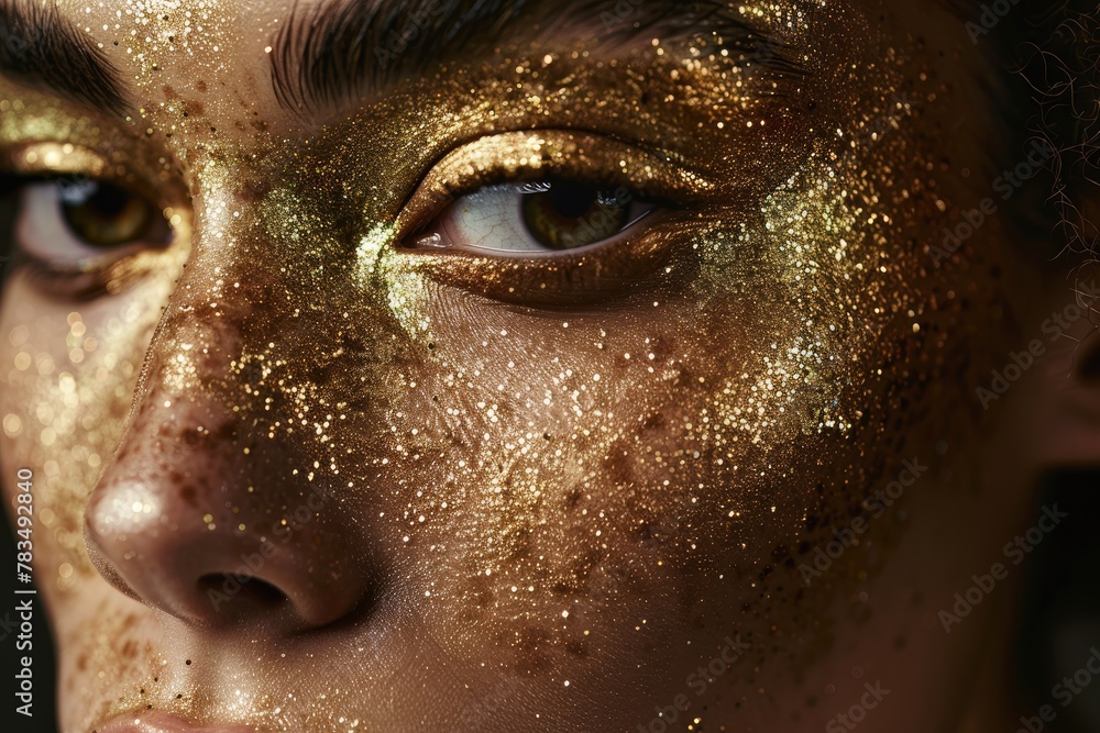 Studio portrait featuring a model with detailed golden makeup Studio portrait featuring a model with detailed golden makeup