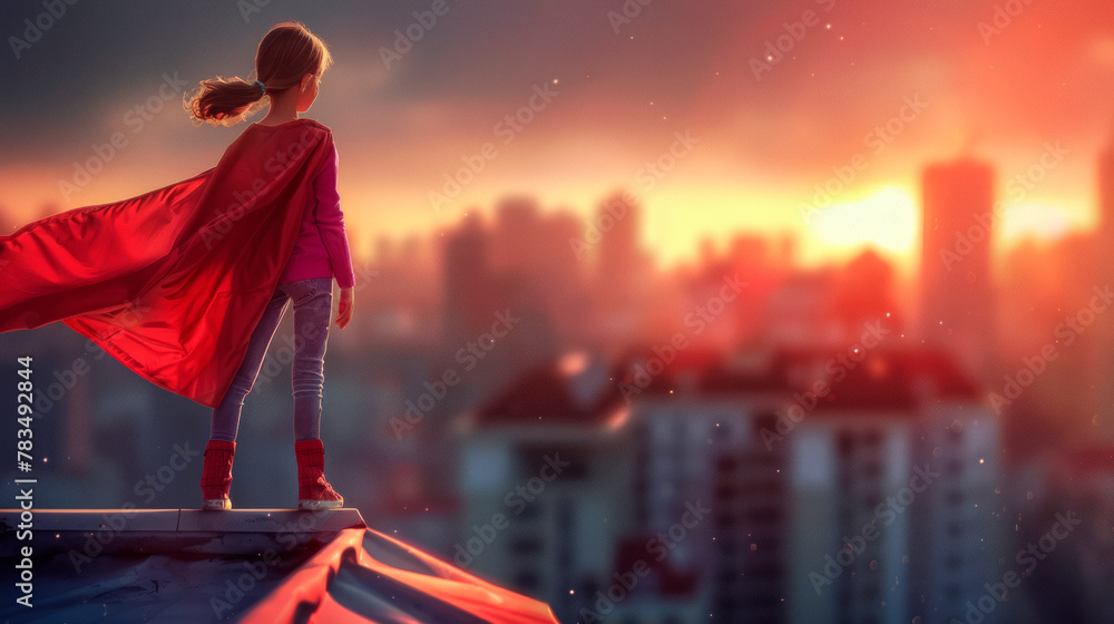 Child in superhero cape on rooftop at sunset, concept of imagination and adventure, urban skyline backdrop, Generative AI. Generative AI