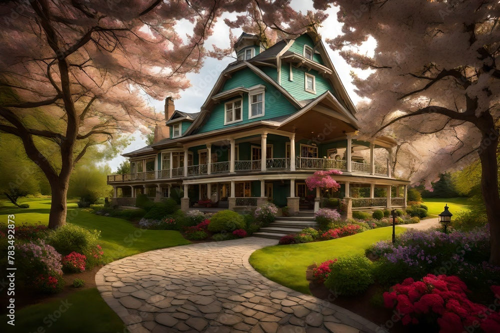 a charming riverfront home surrounded by the captivating beauty of blooming trees and a riot of wild, colorful blossoms.