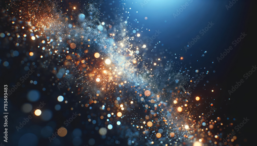 Sparkling particles floating on a dark blue background, conveying a cosmic concept. Generative AI Sparkling particles floating on a dark blue background, conveying a cosmic concept. Generative AI