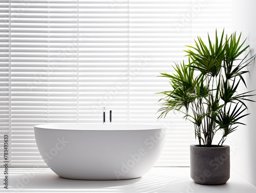 A modern bathtub in a bright room with venetian blinds and a potted plant, showcasing a minimalist bathroom concept. Generative AI © Who is Danny