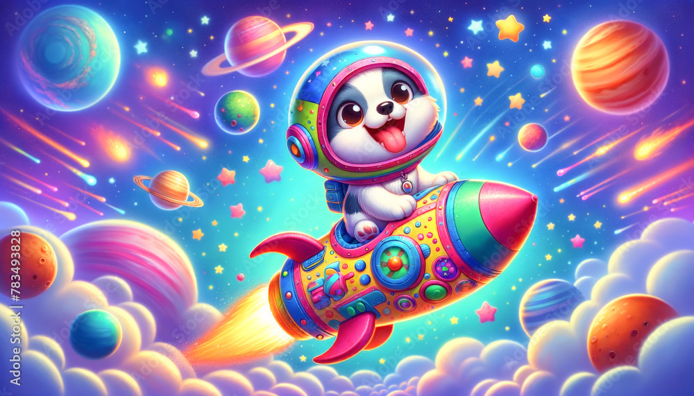 Naklejka premium A vividly colored illustration featuring a joyful puppy astronaut riding a whimsical rocket through a fantasy space filled with planets and stars