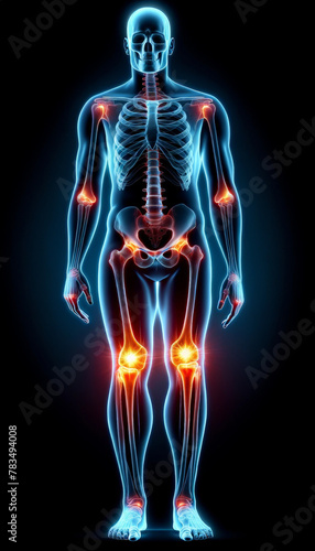 A medical illustration showing a human x-ray with highlighted areas indicating joint pain in the shoulders, elbows and knees