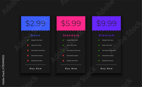 modern style pricing chart table layout with three subscription plan