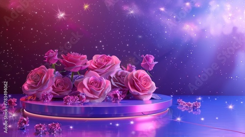 A celestialinspired podium featuring blooming cosmic roses in shades of pink and purple with ling stars and constellations sprinkled . . photo