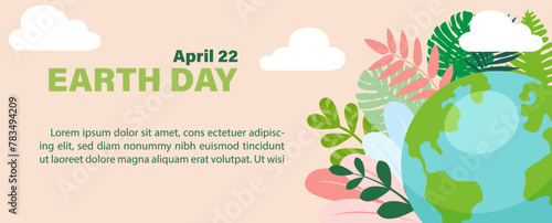 Blue global with colorful plants and the name of event, example texts on egg yellow colors background. Illustration and Poster campaign of Earth day in flat style © Atiwat