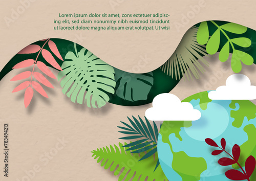 Illustration poster campaign of Earth day and world environment with nature plants in paper cut style  and vector design. © Atiwat