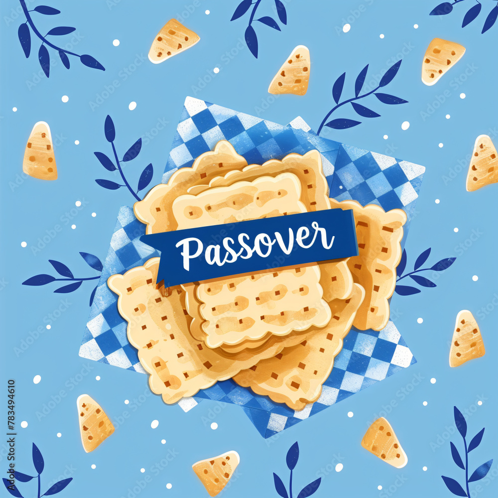Happy Passover greeting card or banner with matzah.  Lettering, bread and floral decorations isolated on blue background. Jewish holiday background. Modern brush calligraphy - obrazy, fototapety, plakaty 