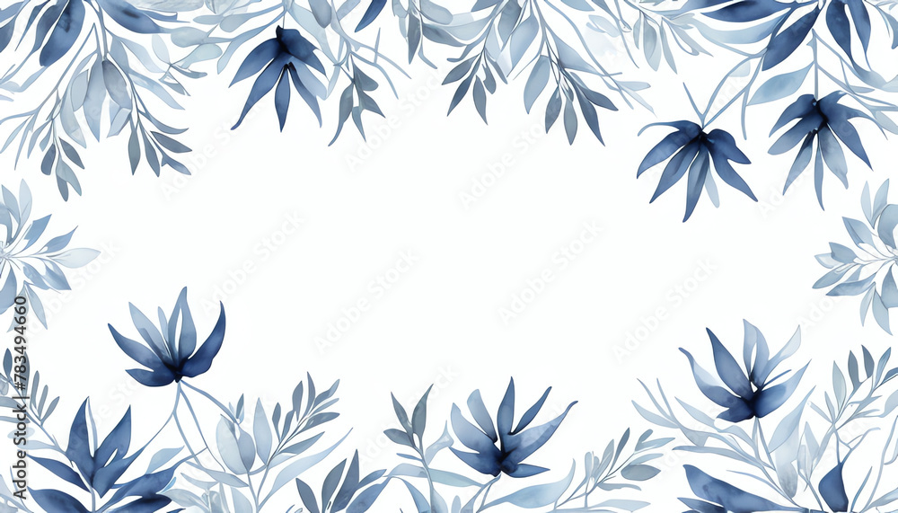 navy-blue watercolor leaves frame. wedding invitation card template with beautiful leaves