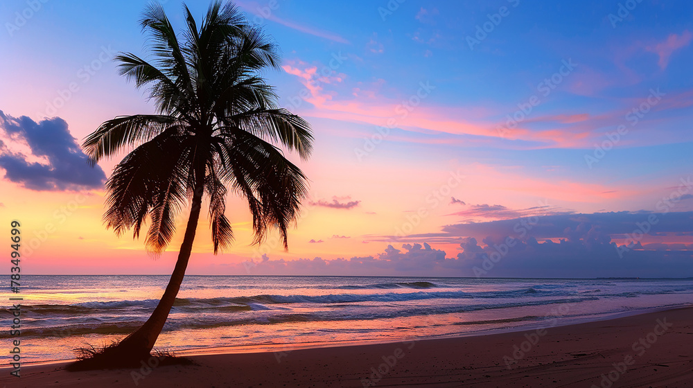 A palm tree on a deserted beach at sunset, with the silhouette of the tree against the colorful backdrop of the sky and the gentle waves of the ocean at its base. 32k, full ultra hd, high resolution