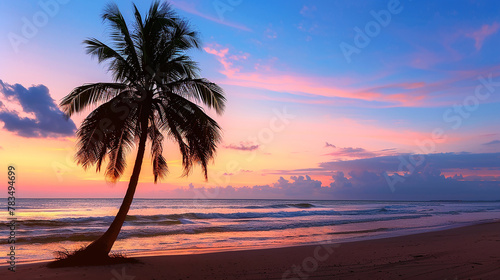 A palm tree on a deserted beach at sunset  with the silhouette of the tree against the colorful backdrop of the sky and the gentle waves of the ocean at its base. 32k  full ultra hd  high resolution