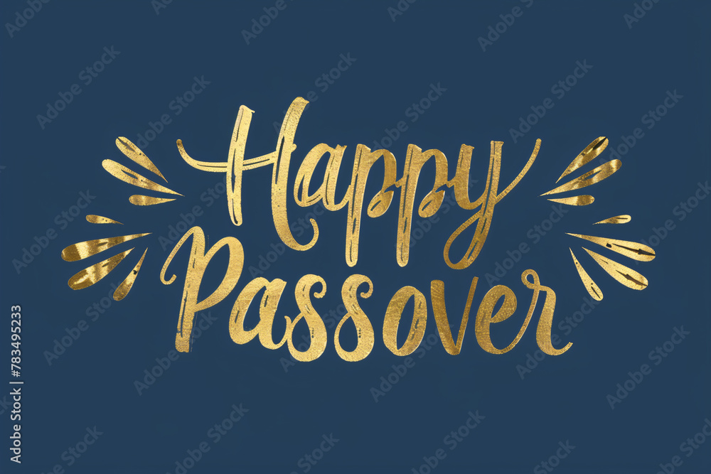 Happy Passover greeting card or banner. Golden lettering isolated on blue background. Jewish holiday background. Modern brush calligraphy - obrazy, fototapety, plakaty 
