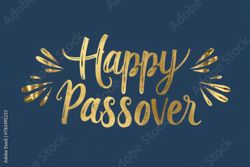 Happy Passover greeting card or banner. Golden lettering isolated on blue background. Jewish holiday background. Modern brush calligraphy © ratatosk