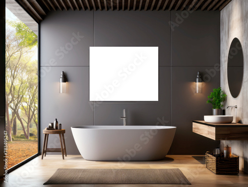 Modern bathroom interior with a freestanding bathtub  on a nature view background. Concept of luxury and relaxation. Generative AI