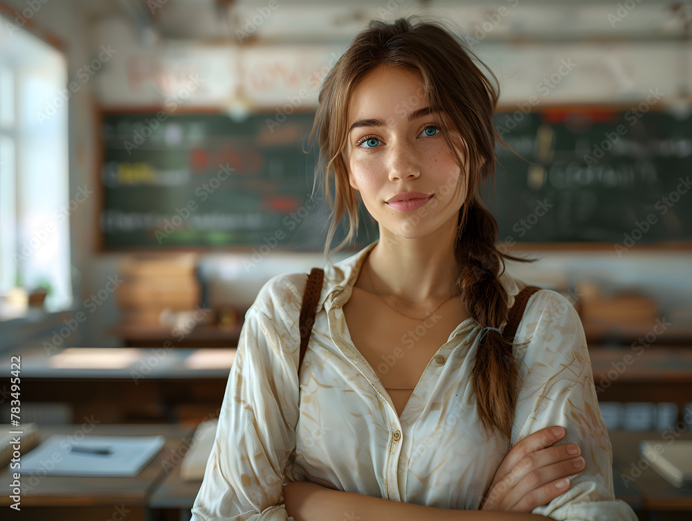 A beautiful youngfemale teacher in a denim top stands in a classroom with her arms crossed. A beautiful youngfemale teacher in a denim top stands in a classroom with her arms crossed.