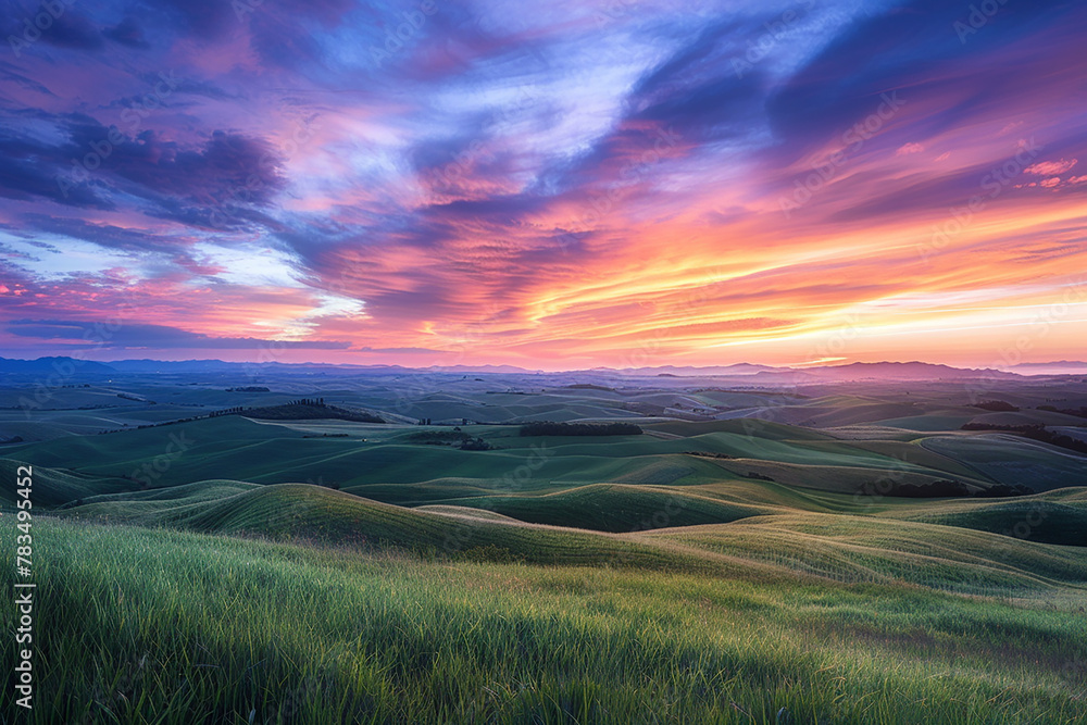 A panoramic view of a rolling, grassy landscape under a sweeping sunset sky, with the layers of color in the sky mirrored by the varied hues of the land. 32k, full ultra hd, high resolution