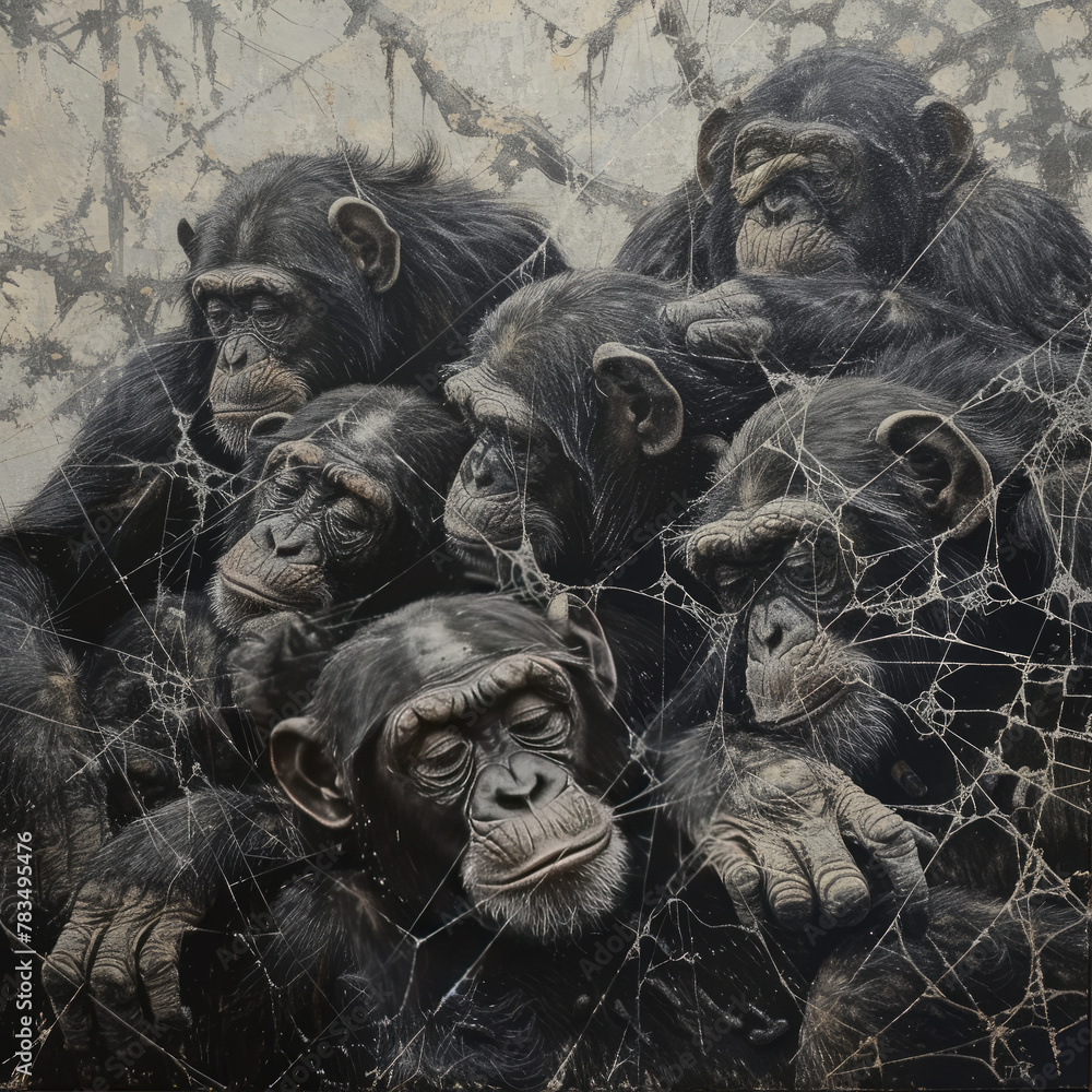 A peaceful scene of slumbering apes entangled in delicate spider webs