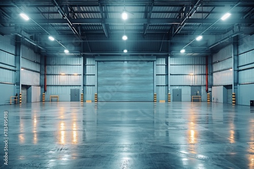 Roller door or roller shutter using for factory, warehouse or hangar. Industrial building interior consist of polished concrete floor and closed door for product display. generative ai. photo