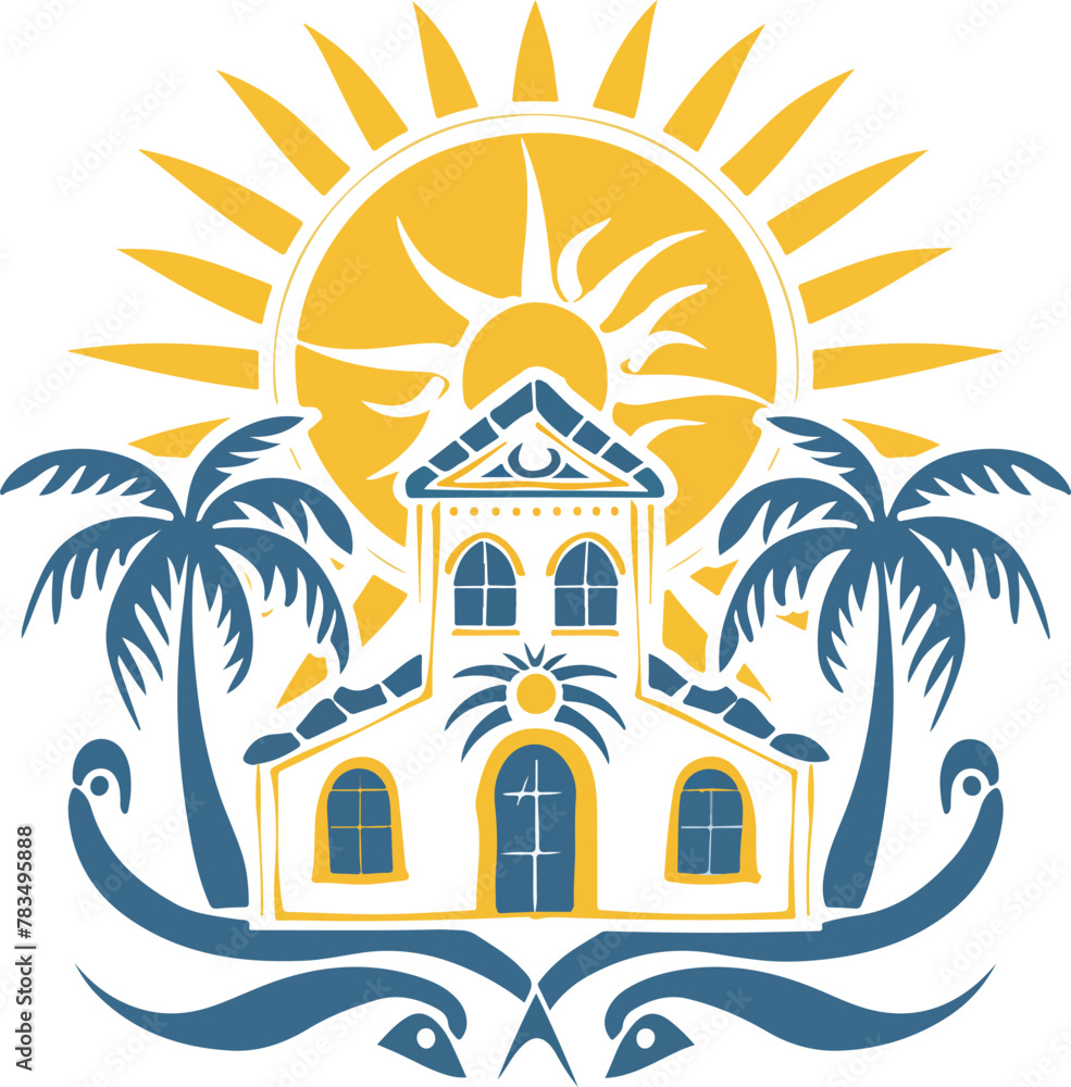 Obraz premium Colors yellow and blue Sunny home with a tree