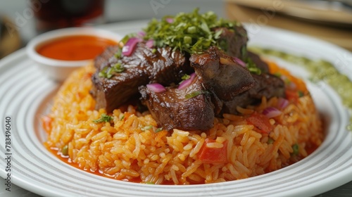 kebuli rice, goat meat and camel meat, traditional Arabic food and rice, starch and Asian spices, food photos photo