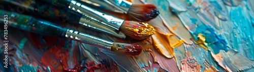 Produce a compelling social media graphic portraying paintbrushes absorbing the emotions of artists Use a skewed perspective to emphasize the unique bond between the user and the tools  photo