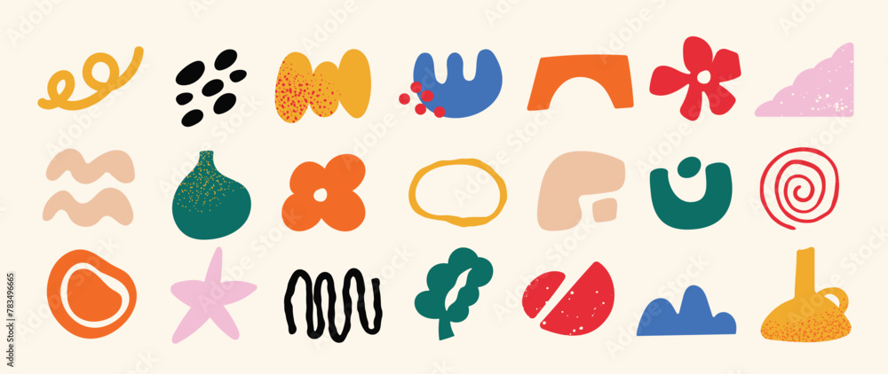 Set of abstract retro organic shapes vector. Collection of contemporary figure, flower, leaf, vase, mountain in funky groovy style. Cute hippie design element perfect for banner, print, stickers. 