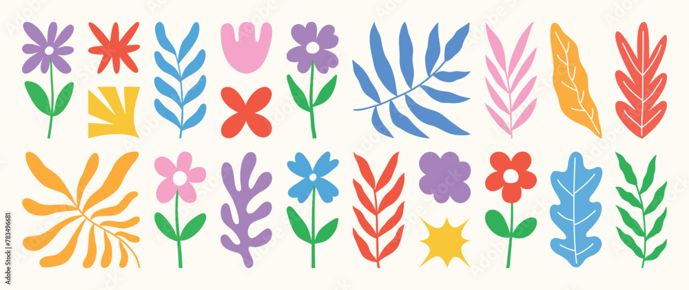 Naklejka premium Set of abstract retro organic shapes vector. Collection of contemporary figure, flower, foliage in funky groovy style. Cute hippie design element perfect for banner, print, stickers.