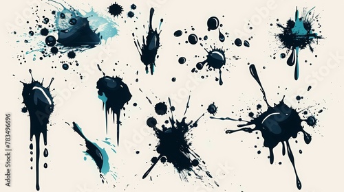 Vector Set Of Splatter Shapes With Droplets. Water Droplet Forms, Fluid Burst Patterns, And Ink Stains With Droplets
