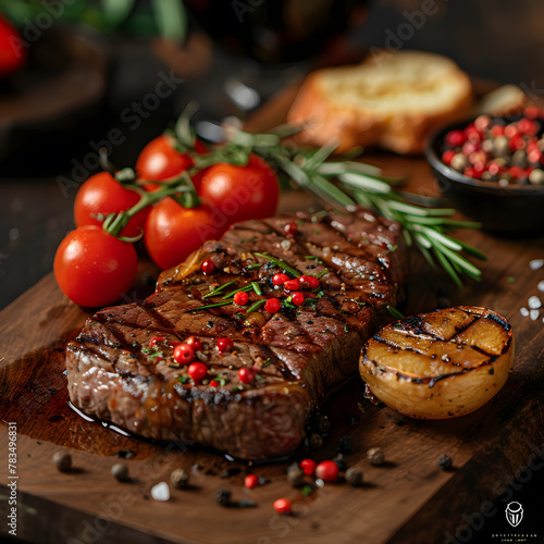 Steak on wooden board with tomatoes and peppers a delicious carne asada dish photo