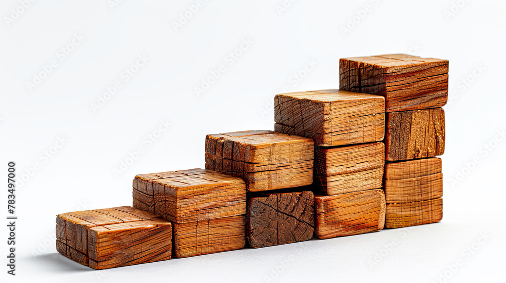 Stacked wooden blocks forming a staircase on a white background, symbolizing growth or progress, Generative AI. Generative AI Stacked wooden blocks forming a staircase on a white background, symbolizing growth or progress, Generative AI. Generative AI