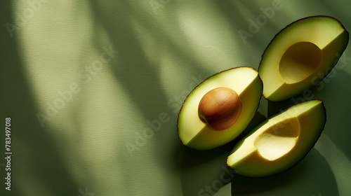 A halved avocado with its seed, casting a shadow on a green surface © Maule
