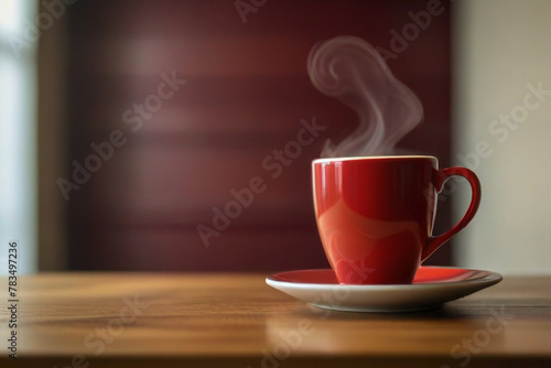 Heart of steam hovering over a Gray coffee cup of coffee on wooden table with cream wall