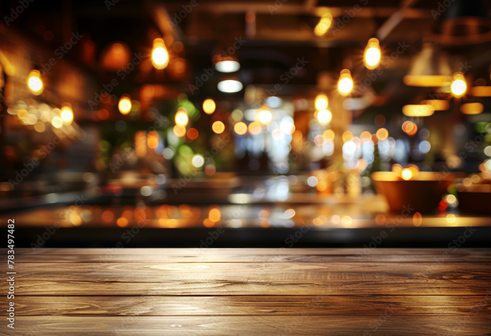 Wooden countertop with blurred warm light cafe background, suitable for product display, modern and clean design. Generative AI Wooden countertop with blurred warm light cafe background, suitable for product display, modern and clean design. Generative AI