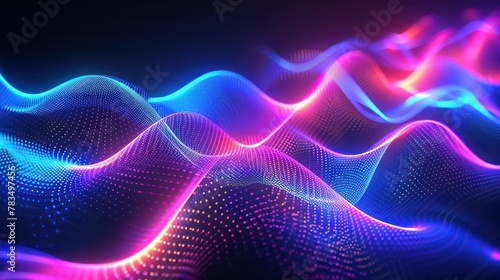 Colorful neon lines on black background, abstract digital backdrop for design and banner with copy space area.