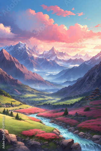 Reddened mountain valley in the evening at dusk. In anime style © M. Faisal Riza