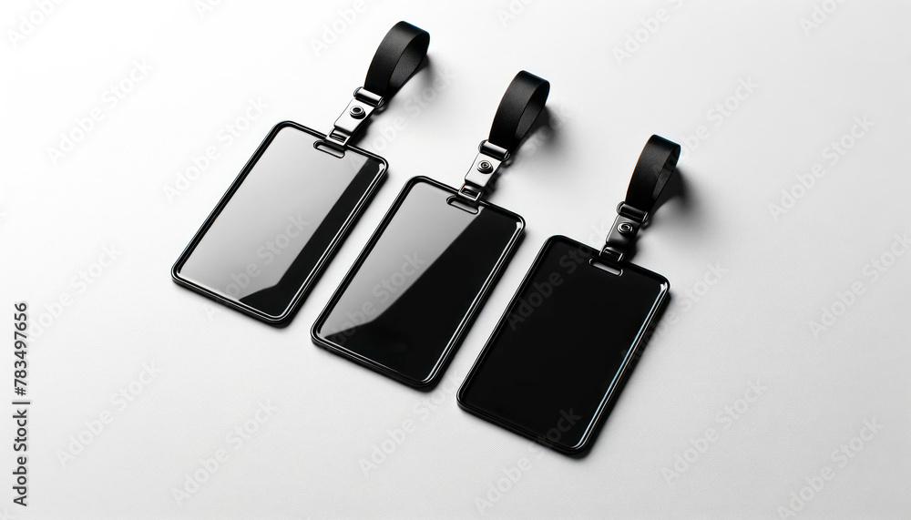 Three blank badge mockups with lanyards on a light background, for branding presentation purposes. Generative AI Three blank badge mockups with lanyards on a light background, for branding presentation purposes. Generative AI