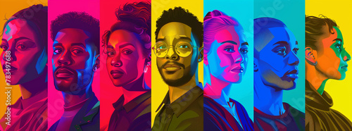 A colorful background with various people's faces in profile, each representing different cultural backgrounds and hair colors. Ethnically diverse people. Diversity and Inclusion concept.