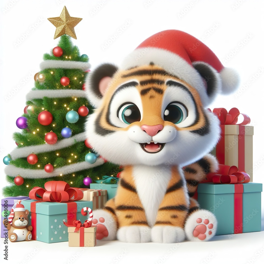 a cute tiger with Christmas tree and gifts , funny, happy, smile, white background a cute tiger with Christmas tree and gifts , funny, happy, smile, white background