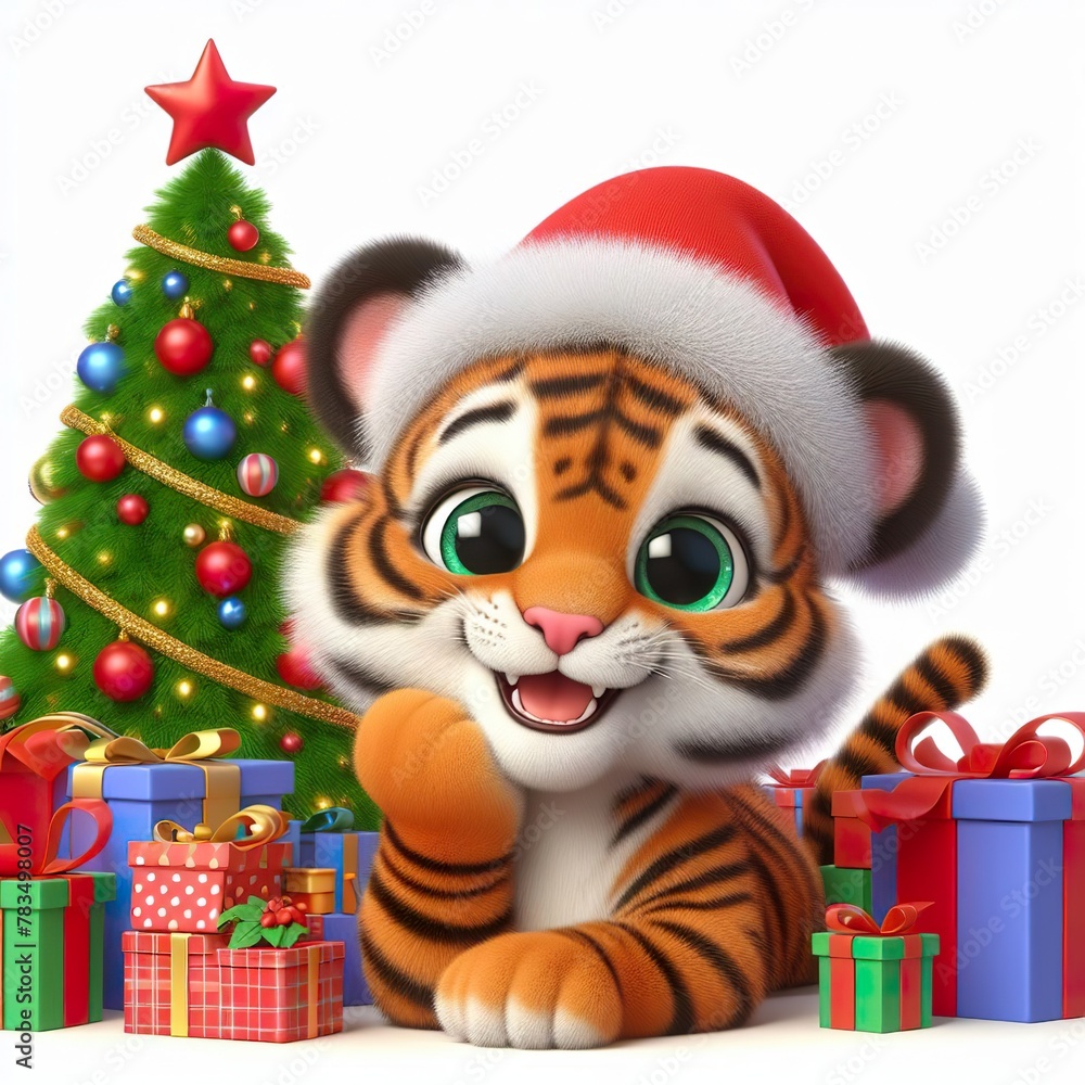 a cute tiger with Christmas tree and gifts , funny, happy, smile, white background a cute tiger with Christmas tree and gifts , funny, happy, smile, white background