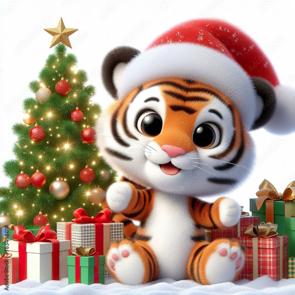 a cute tiger with Christmas tree and gifts , funny, happy, smile, white background a cute tiger with Christmas tree and gifts , funny, happy, smile, white background