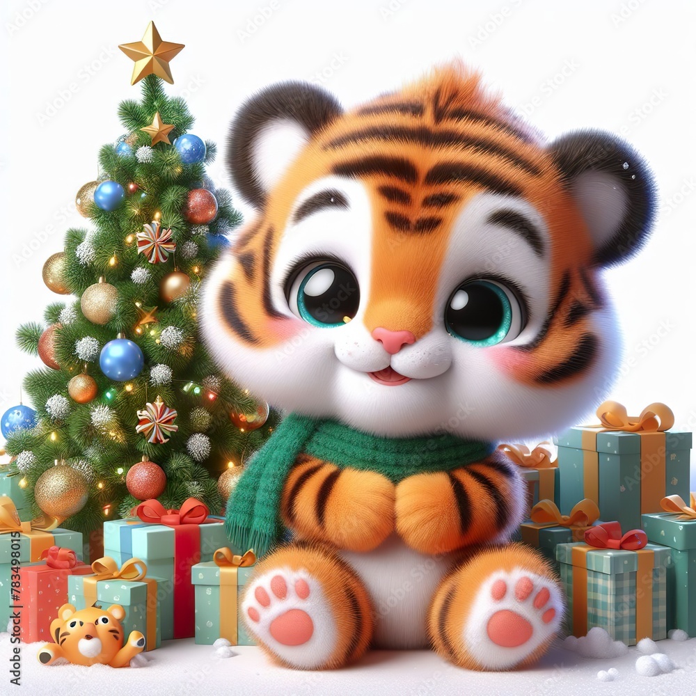 Fototapeta premium a cute tiger with Christmas tree and gifts , funny, happy, smile, white background